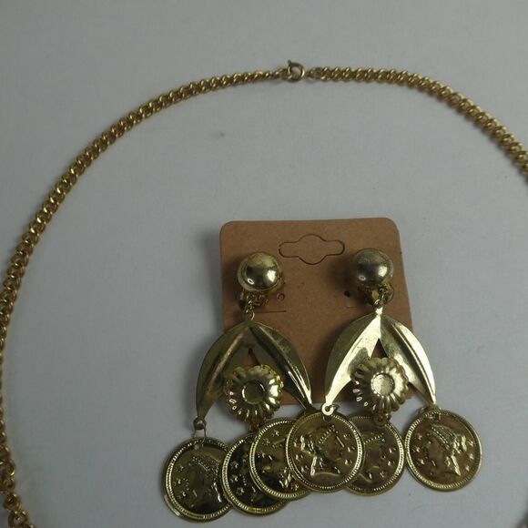Boho International Festival Faux Coin Gold Tone Necklace Dangly Earrings Set - Picture 6 of 10